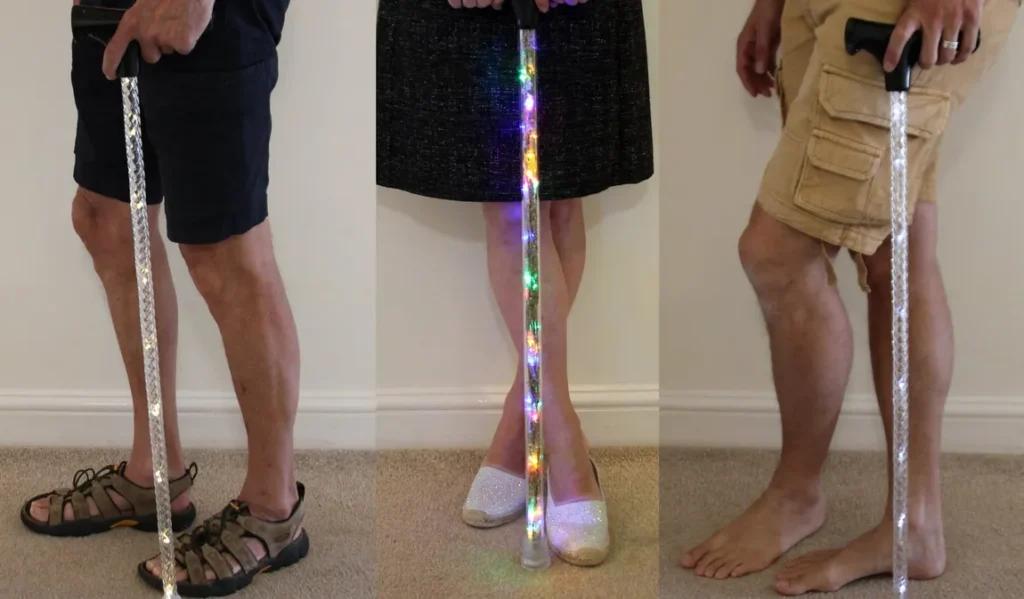 Multi-coloured light canes. Light-up Battery Powered Walking sticks! Purple, red, green, blue, orange, gold, yellow, white.